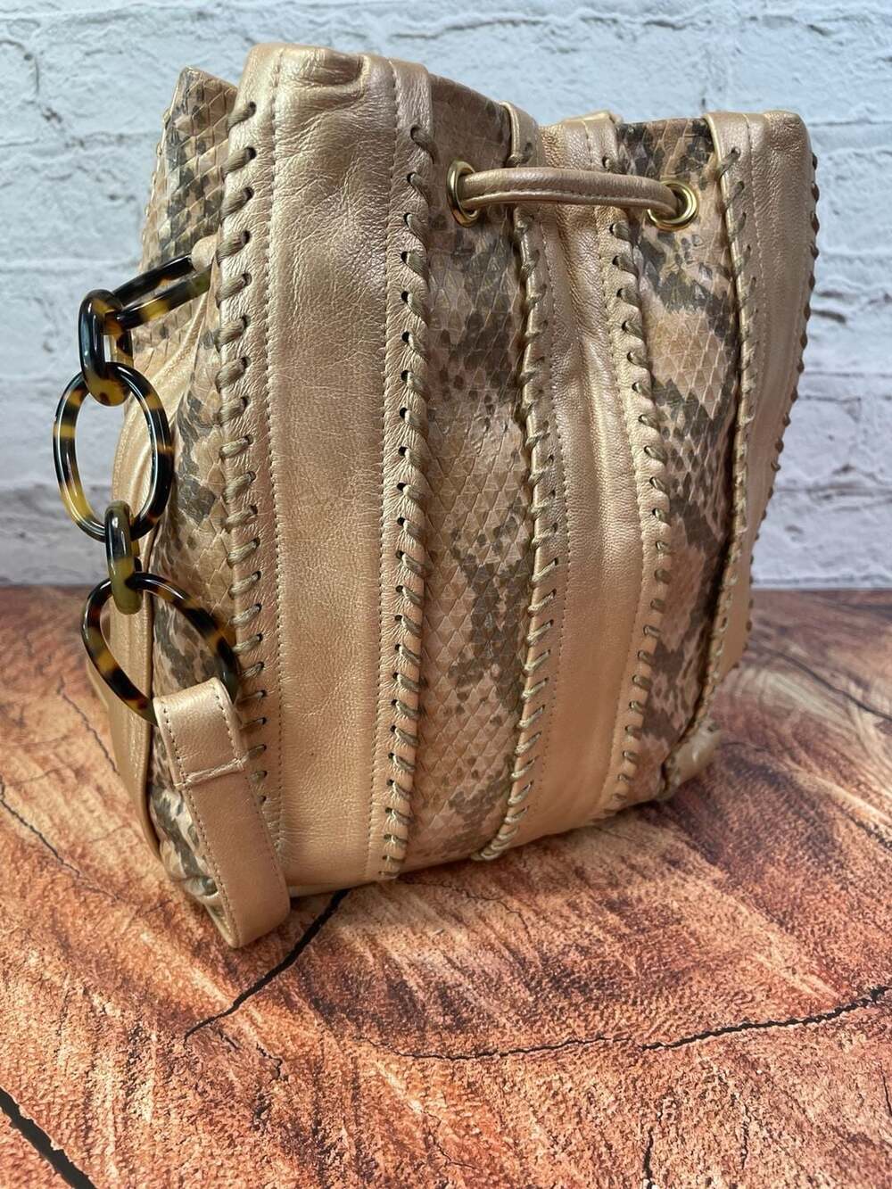 Sharif Python Print Metallic Gold Leather Drawstring Bucket Bag - Picture 7 of 9